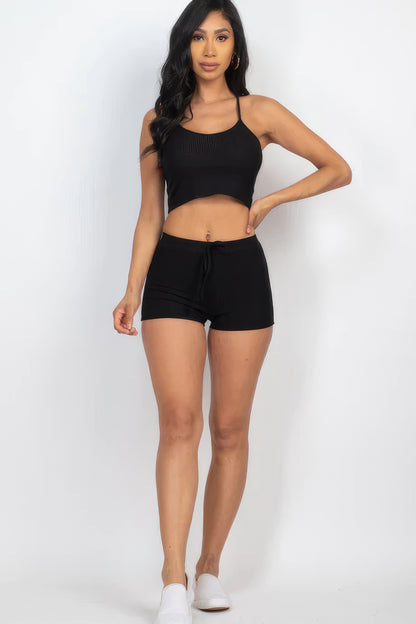 Ribbed Crop Cami Top & Shorts Set - Black