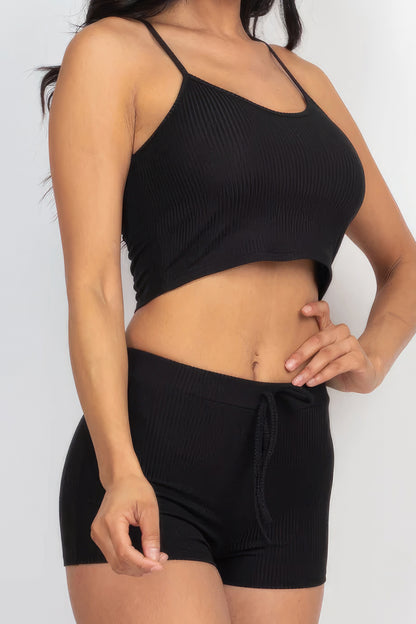 Ribbed Crop Cami Top & Shorts Set - Black