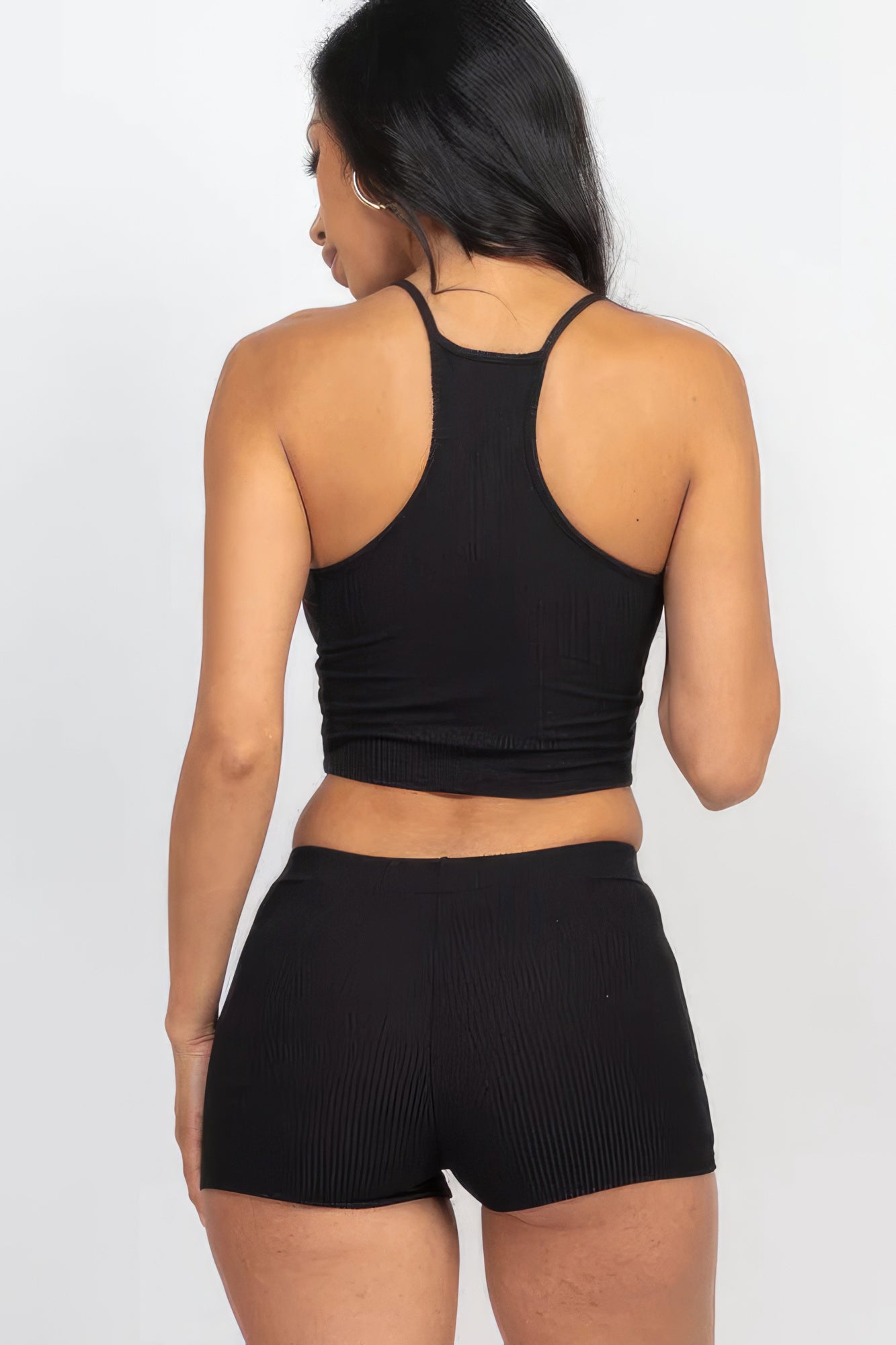 Ribbed Crop Cami Top & Shorts Set - Black