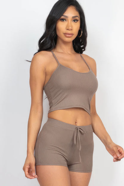 Ribbed Crop Cami Top & Shorts Set - Taupe