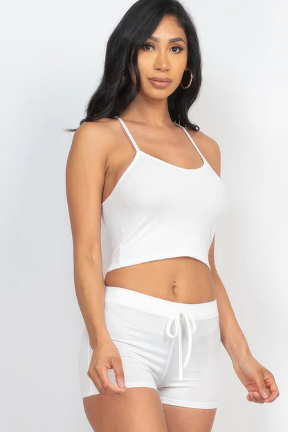 Ribbed Crop Cami Top & Shorts Set - White