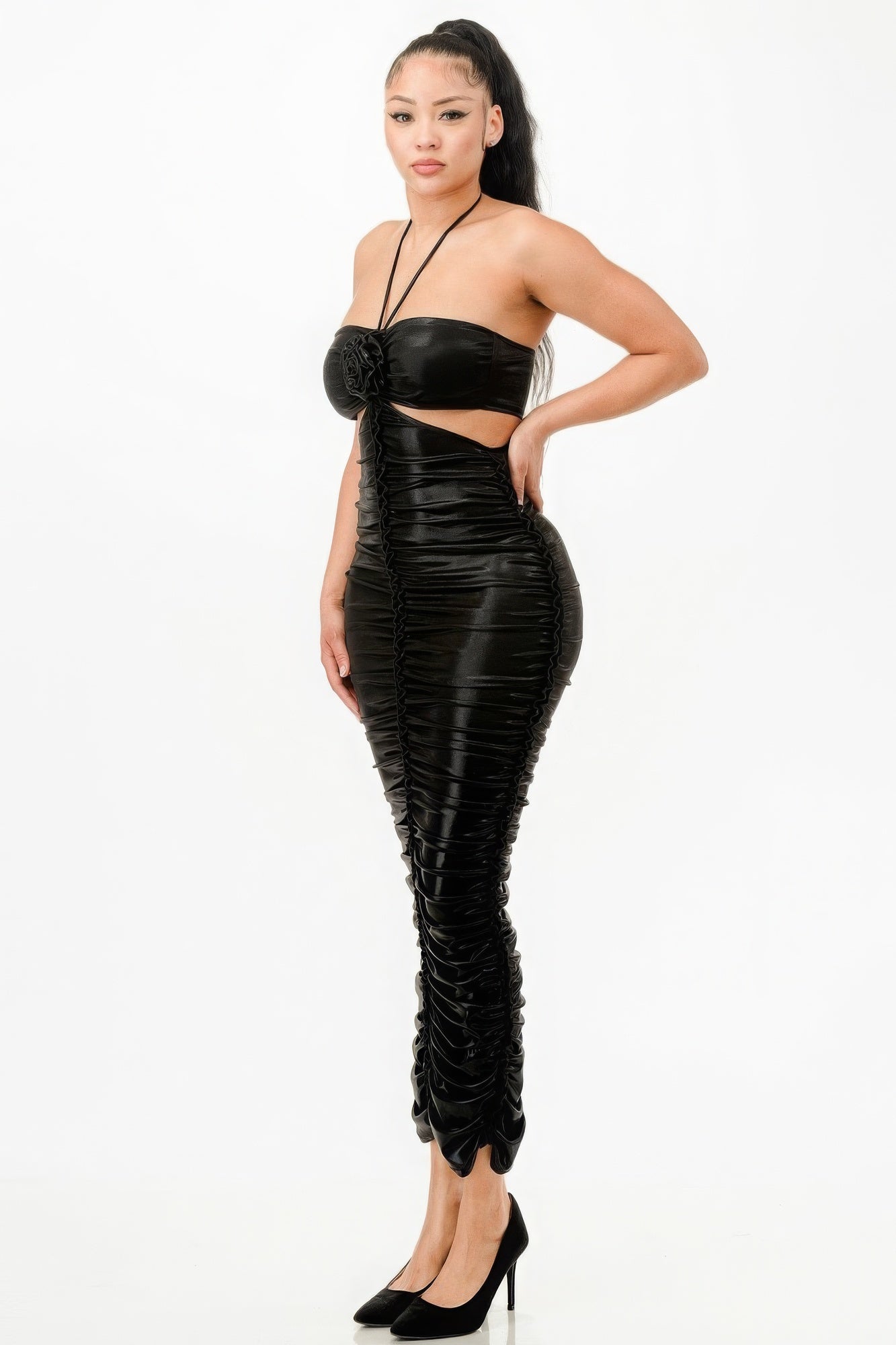 Metallic Rose Ruche Halter Dress - Black