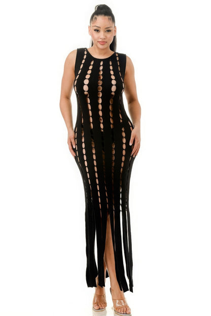 Cut Out Fringe Dress - Black