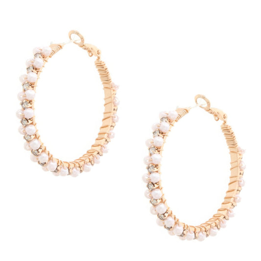 Pearl Bead Rhinestone Wire Wrapped Hoop Earrings