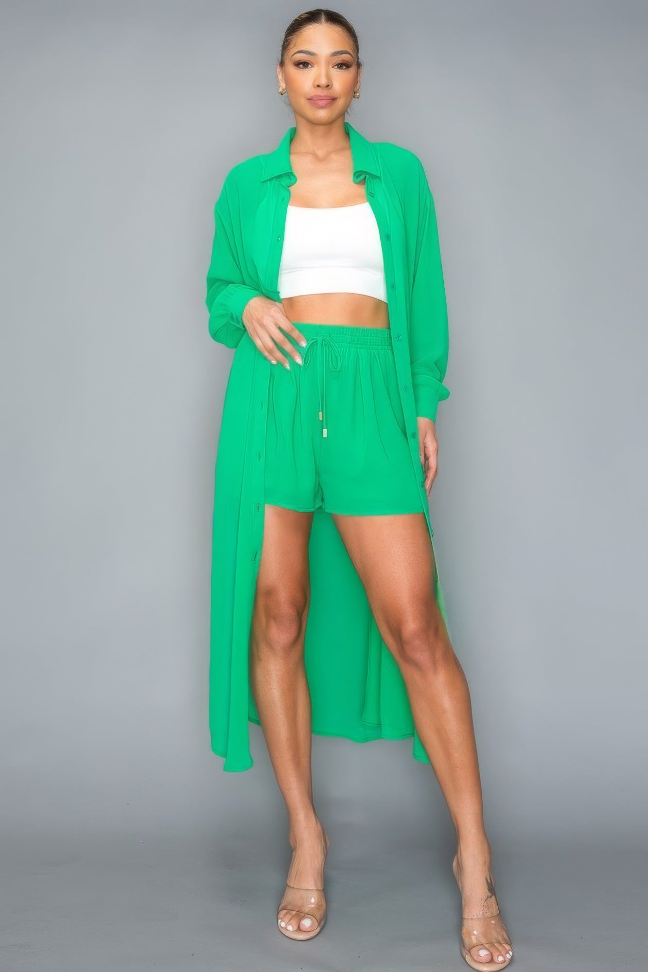 Chiffon Button Down Long Sleeve Side Slit Long Top With Short Set - Green