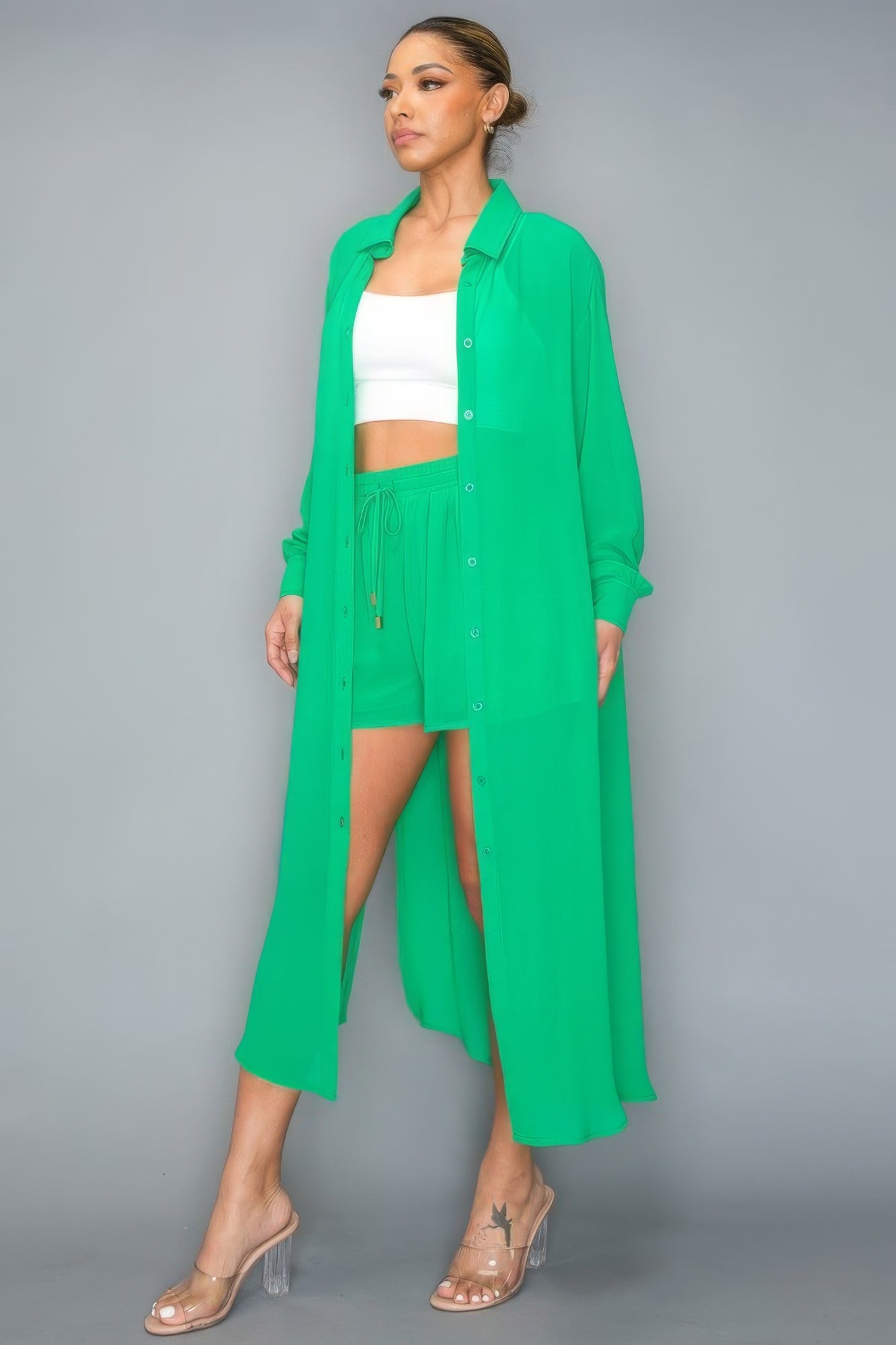 Chiffon Button Down Long Sleeve Side Slit Long Top With Short Set - Green