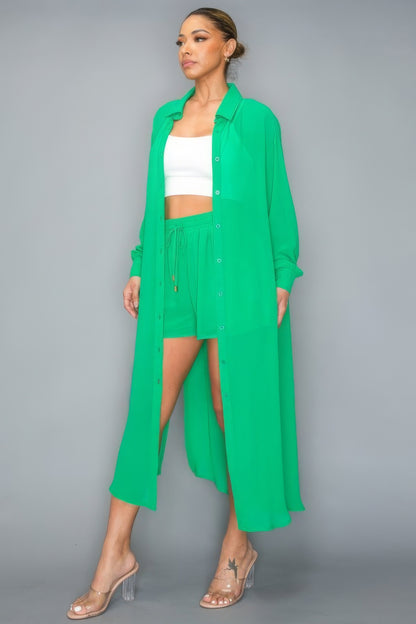 Chiffon Button Down Long Sleeve Side Slit Long Top With Short Set - Green