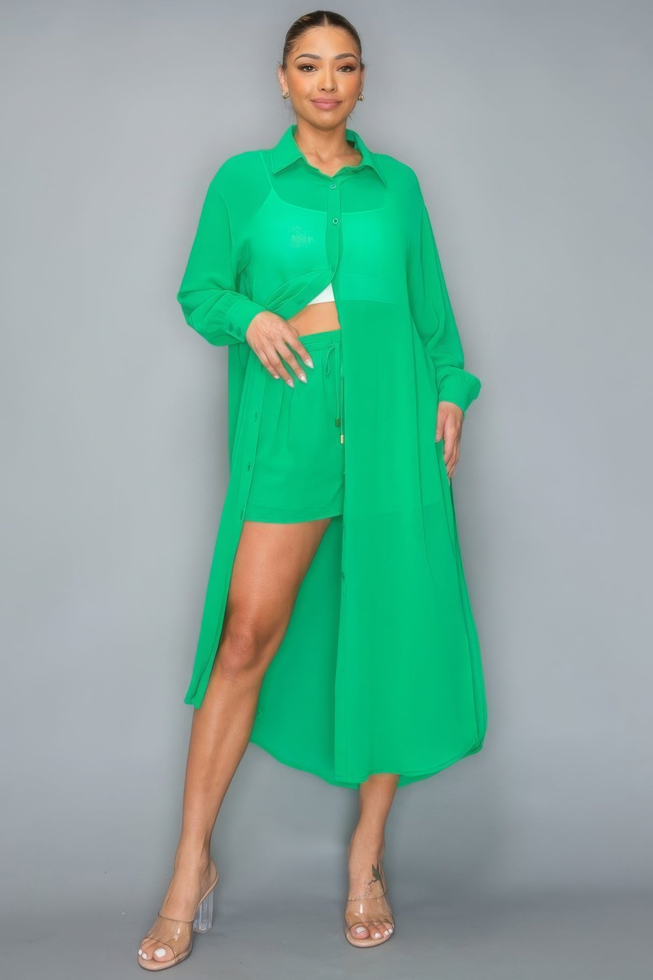 Chiffon Button Down Long Sleeve Side Slit Long Top With Short Set - Green