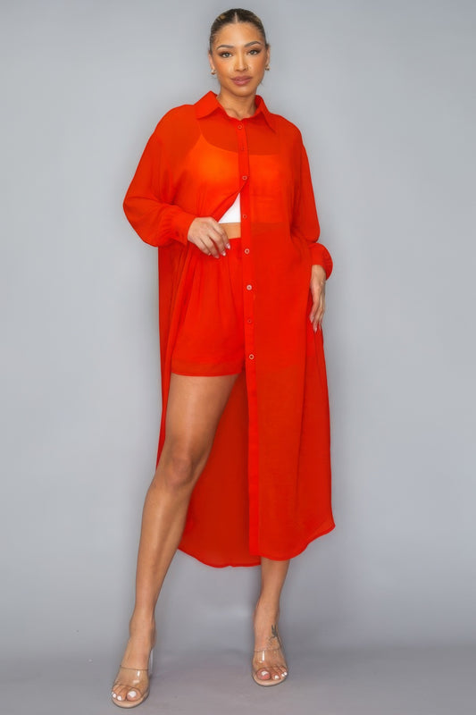 Chiffon Button Down Long Sleeve Side Slit Long Top With Short Set - Tomato