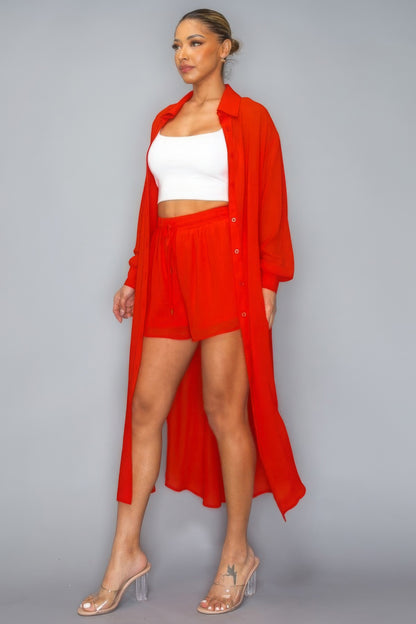 Chiffon Button Down Long Sleeve Side Slit Long Top With Short Set - Tomato