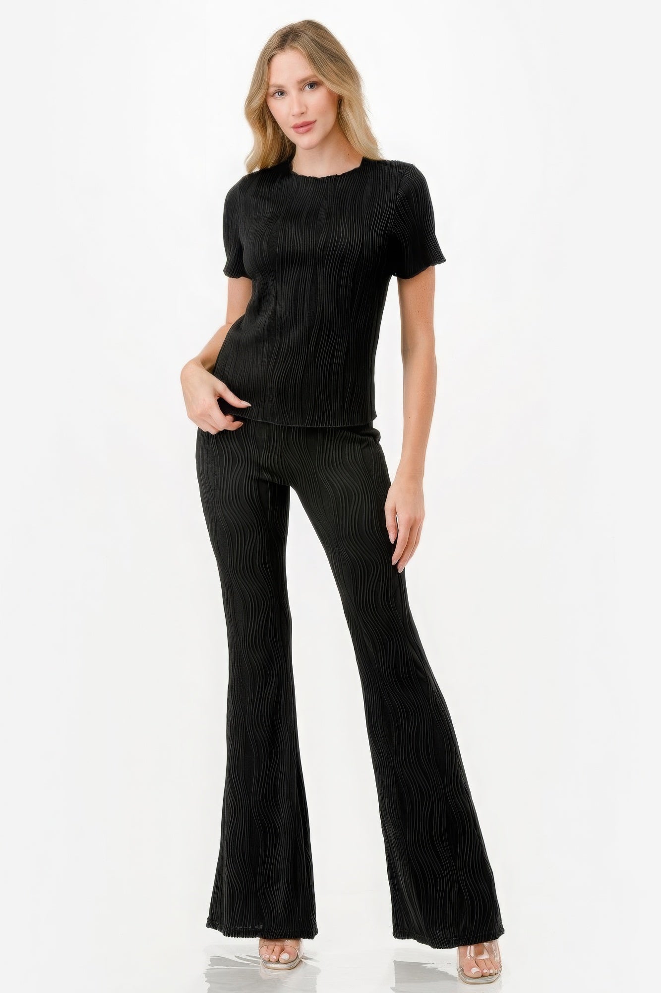 Short Sleeve Crew Neck Shirt and Pleated Flare Pants Set