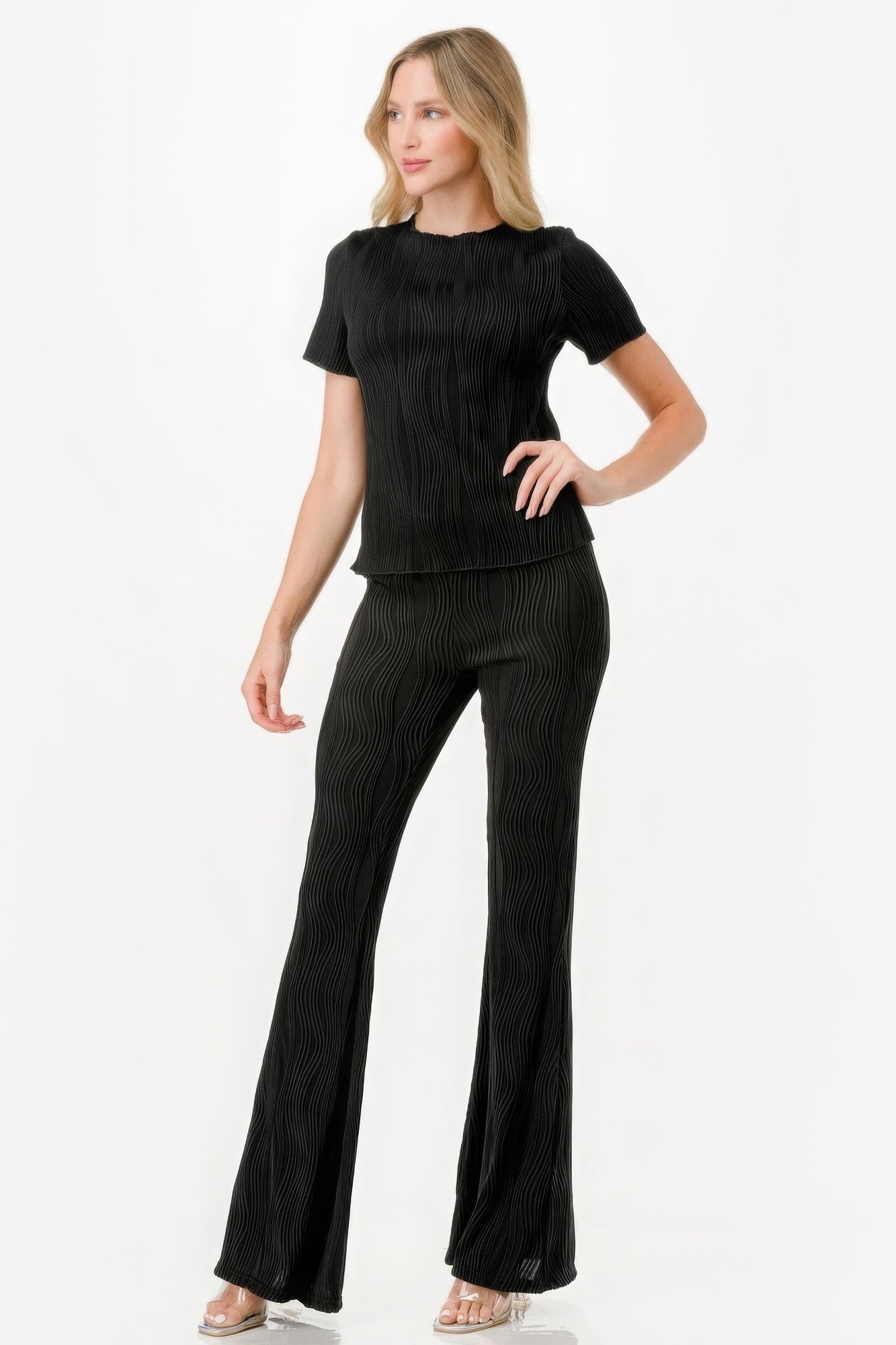 Short Sleeve Crew Neck Shirt and Pleated Flare Pants Set