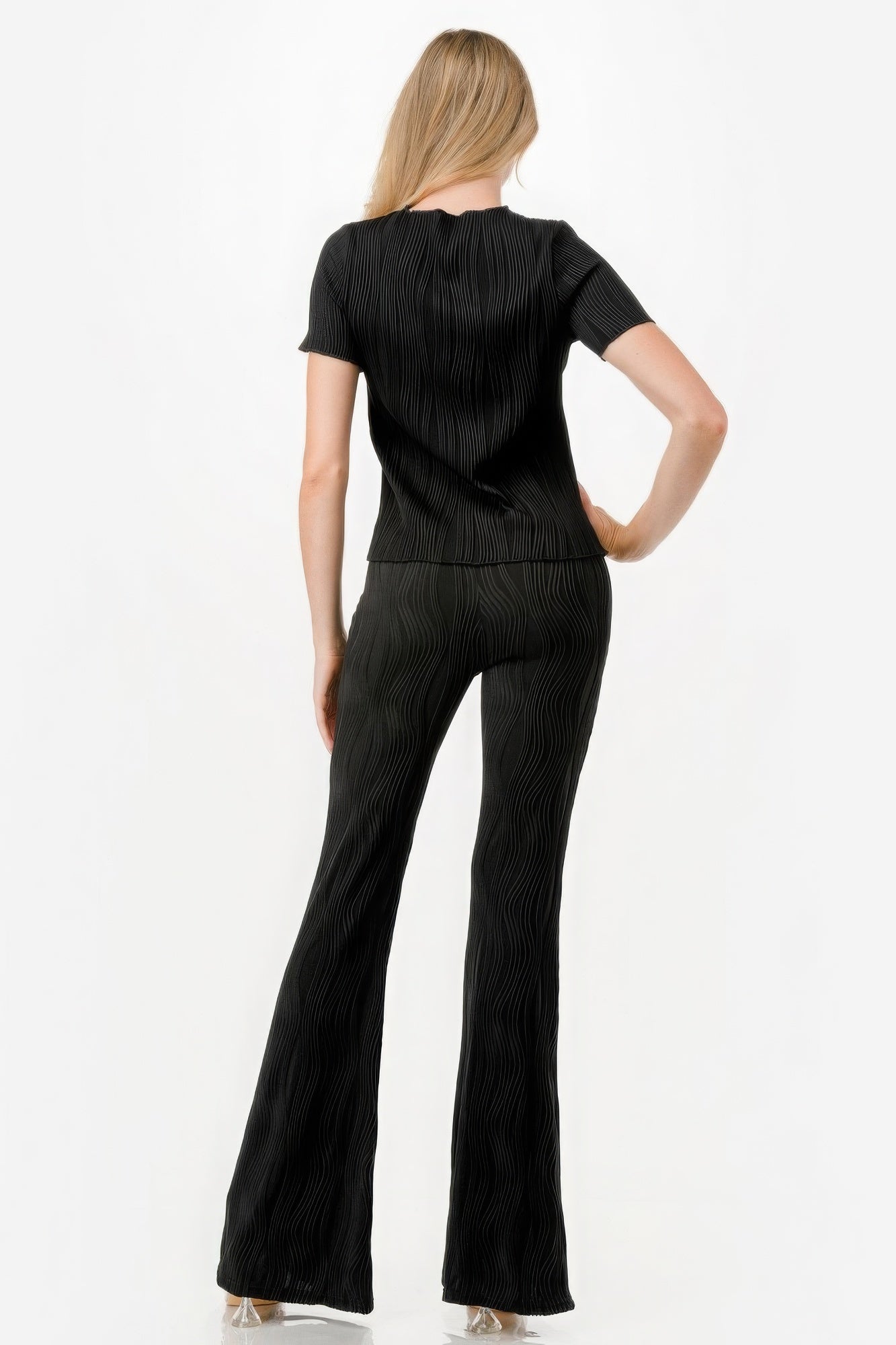 Short Sleeve Crew Neck Shirt and Pleated Flare Pants Set