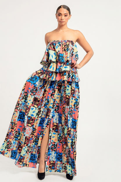 Patchwork Printed Ruffle Top And Pleated Skirt Set
