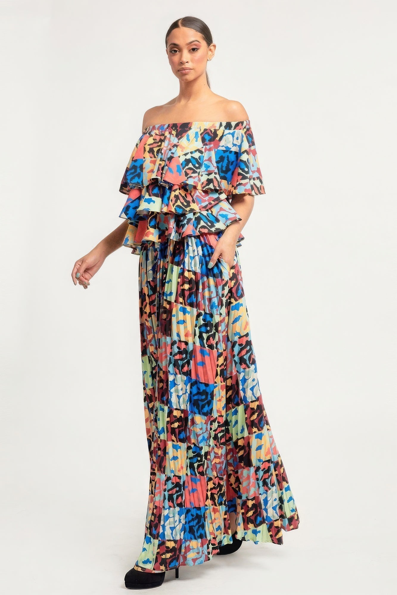 Patchwork Printed Ruffle Top And Pleated Skirt Set