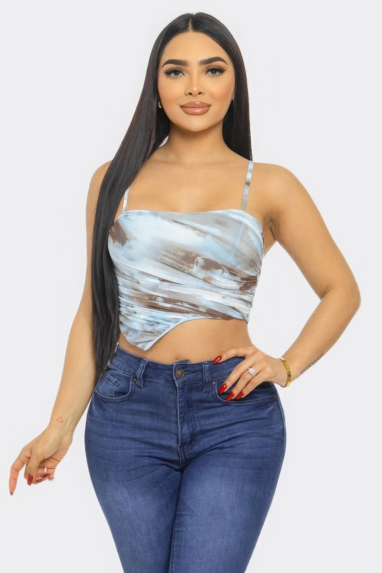 Cropped Mesh Print Top - Brown Blue Cloud