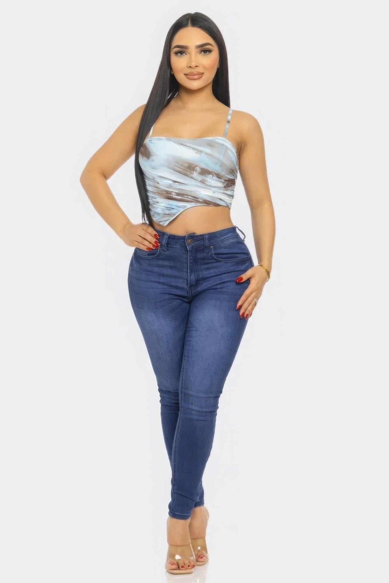 Cropped Mesh Print Top - Brown Blue Cloud