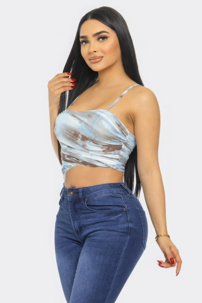 Cropped Mesh Print Top - Brown Blue Cloud