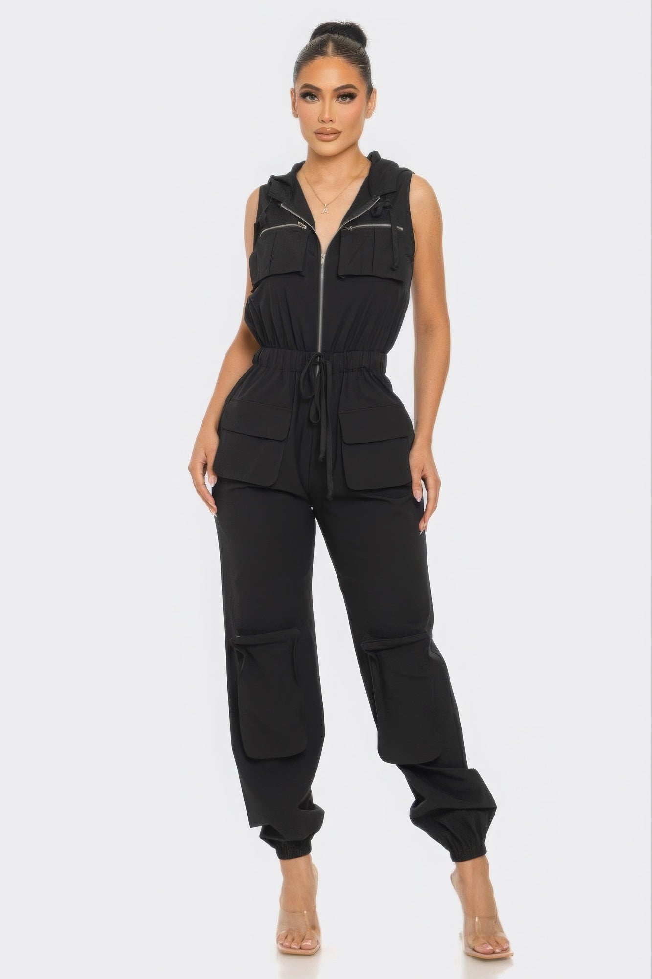 Hooded Zip Front Cargo Jumpsuit - Black