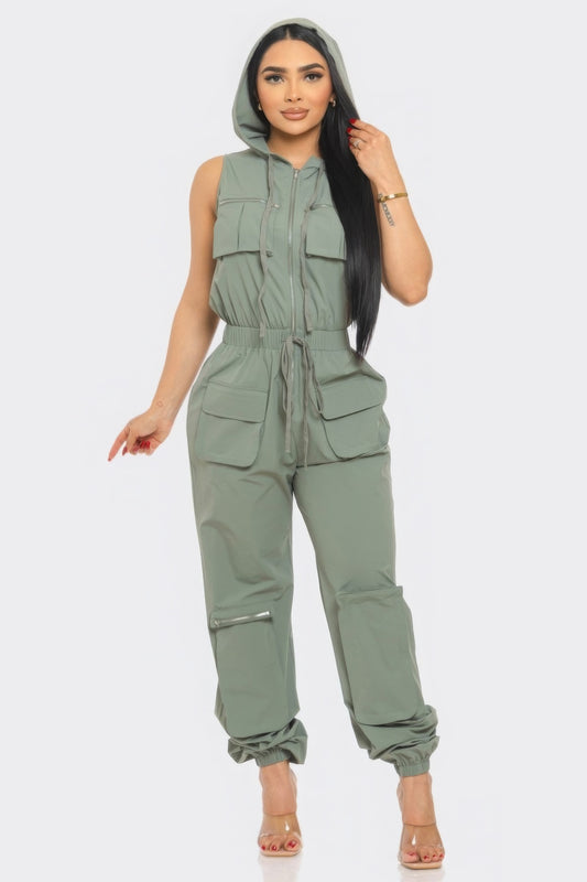 Hooded Zip Front Cargo Jumpsuit - Olive