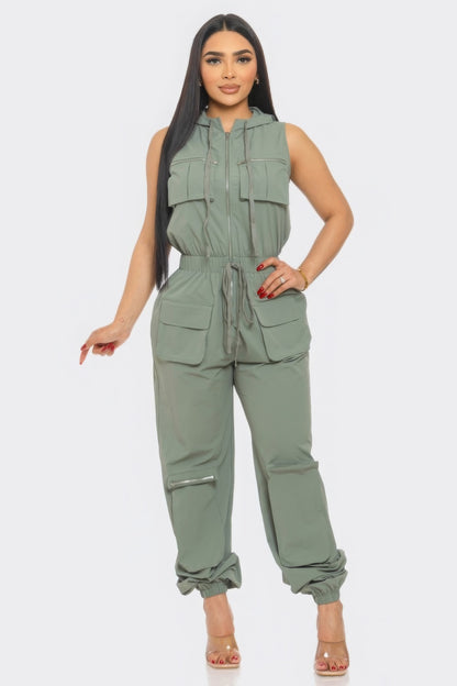 Hooded Zip Front Cargo Jumpsuit - Olive