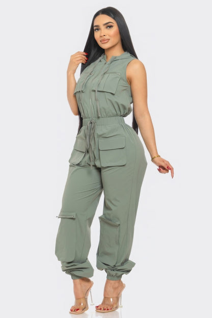 Hooded Zip Front Cargo Jumpsuit - Olive