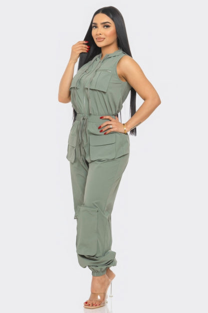 Hooded Zip Front Cargo Jumpsuit - Olive