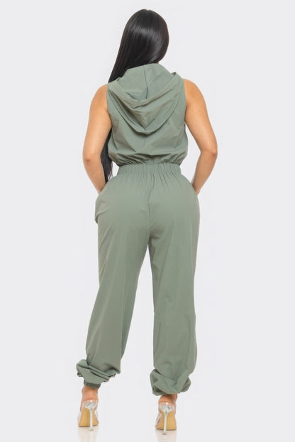 Hooded Zip Front Cargo Jumpsuit - Olive