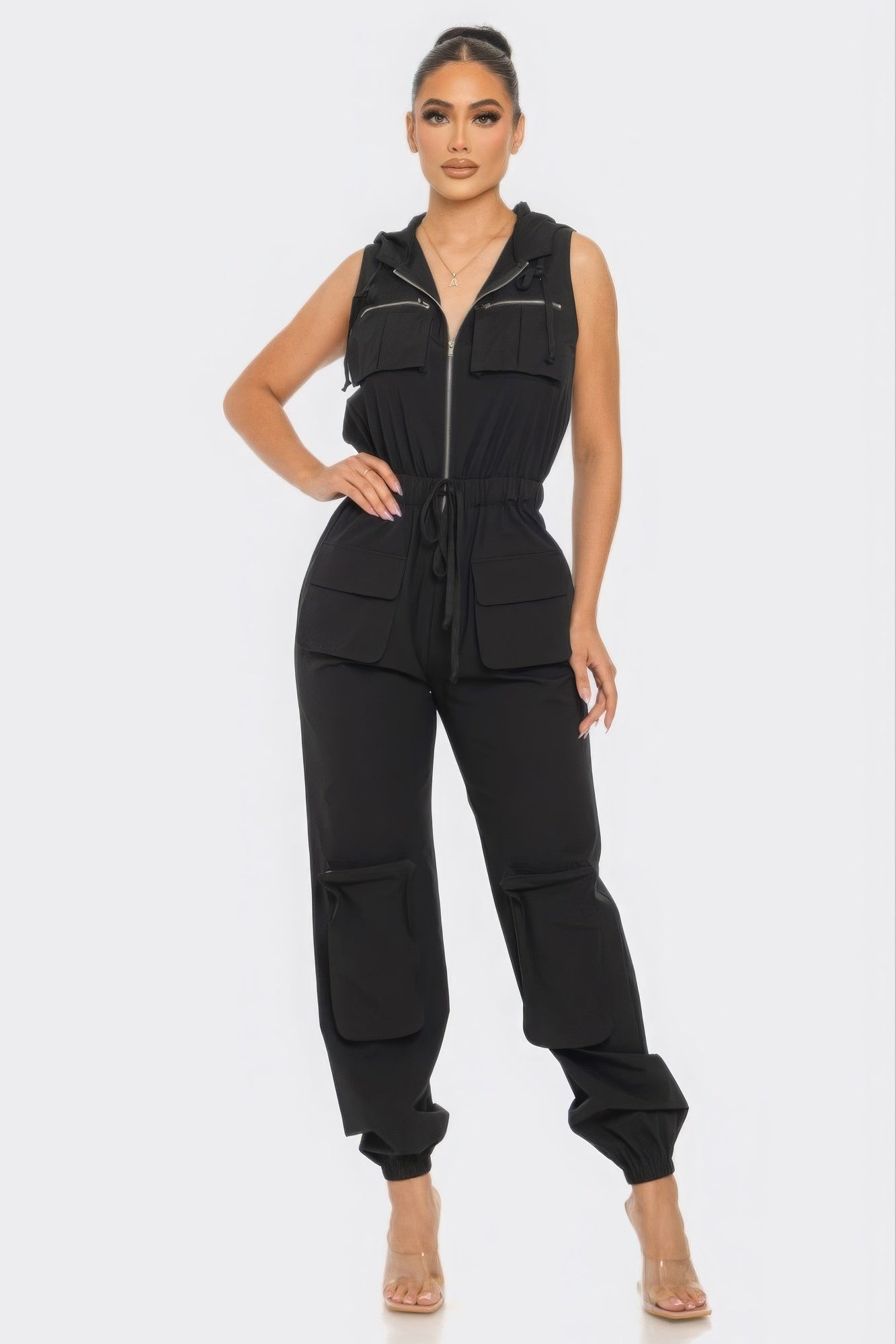 Hooded Zip Front Cargo Jumpsuit - Black