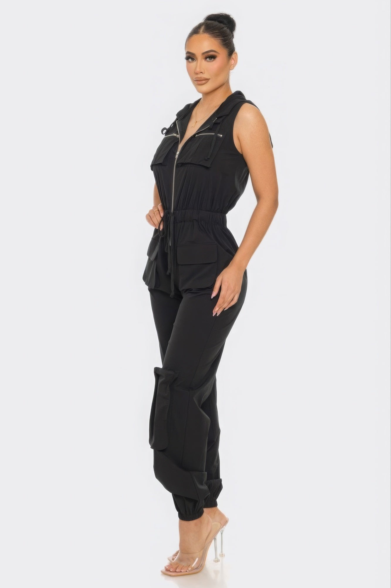 Hooded Zip Front Cargo Jumpsuit - Black