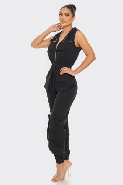 Hooded Zip Front Cargo Jumpsuit - Black