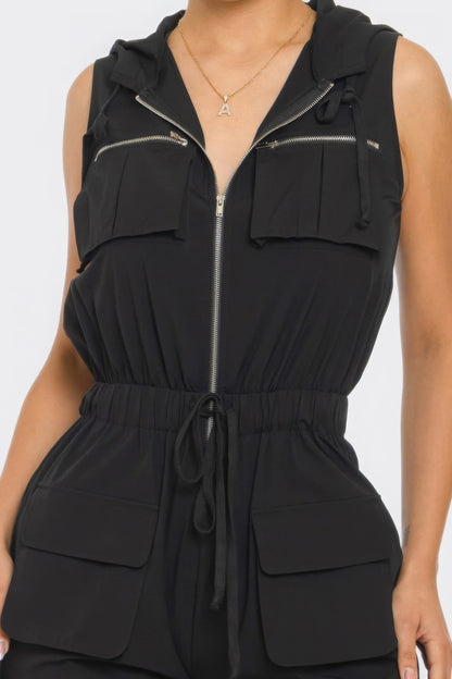 Hooded Zip Front Cargo Jumpsuit - Black