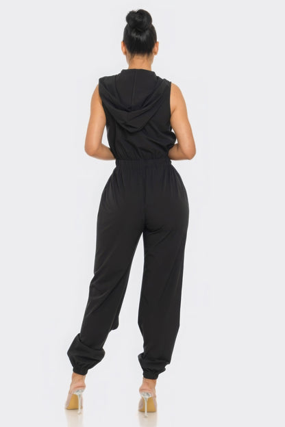 Hooded Zip Front Cargo Jumpsuit - Black