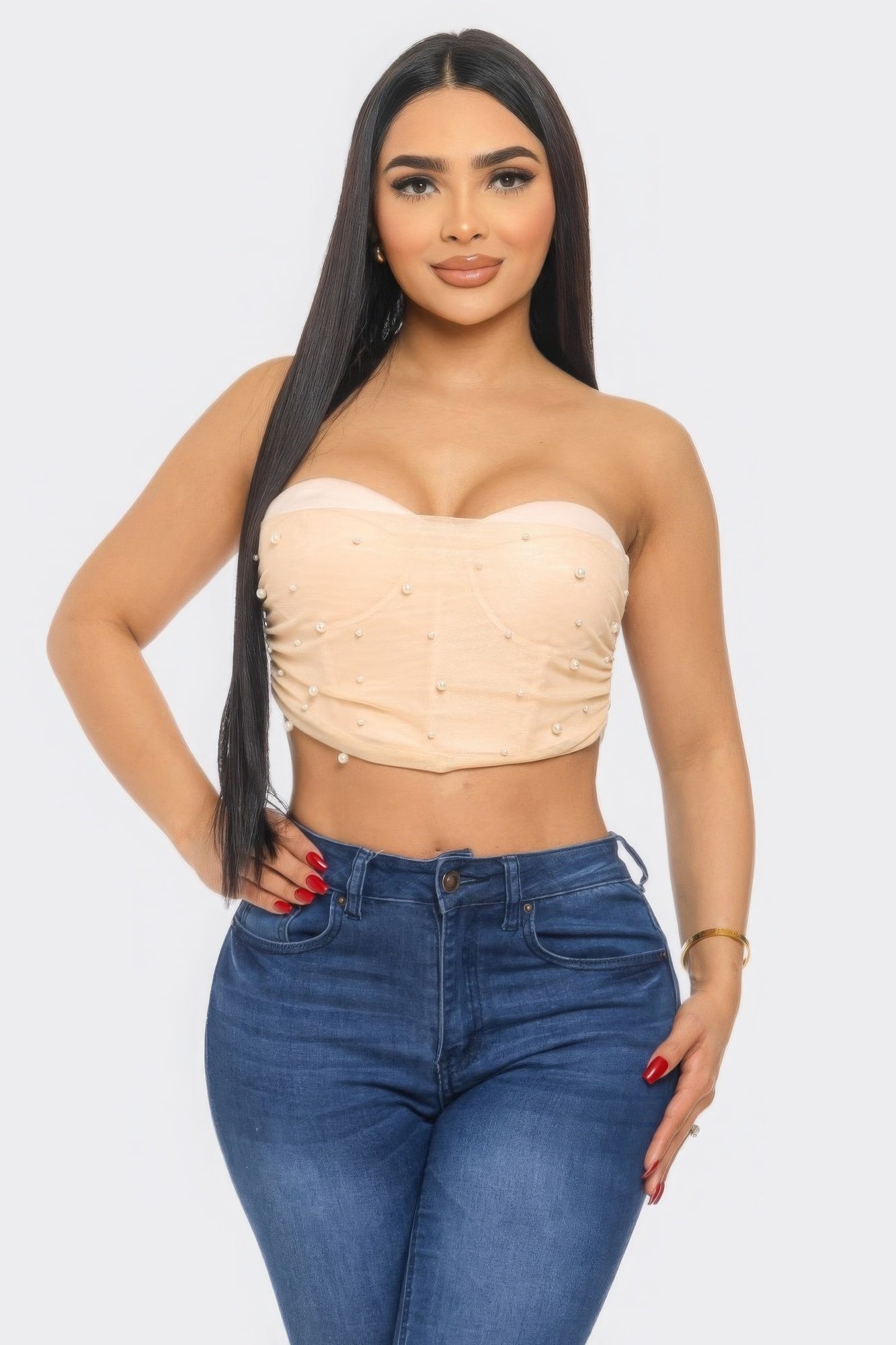 Pearl Accent Ruche Mesh Tube Top - Peach