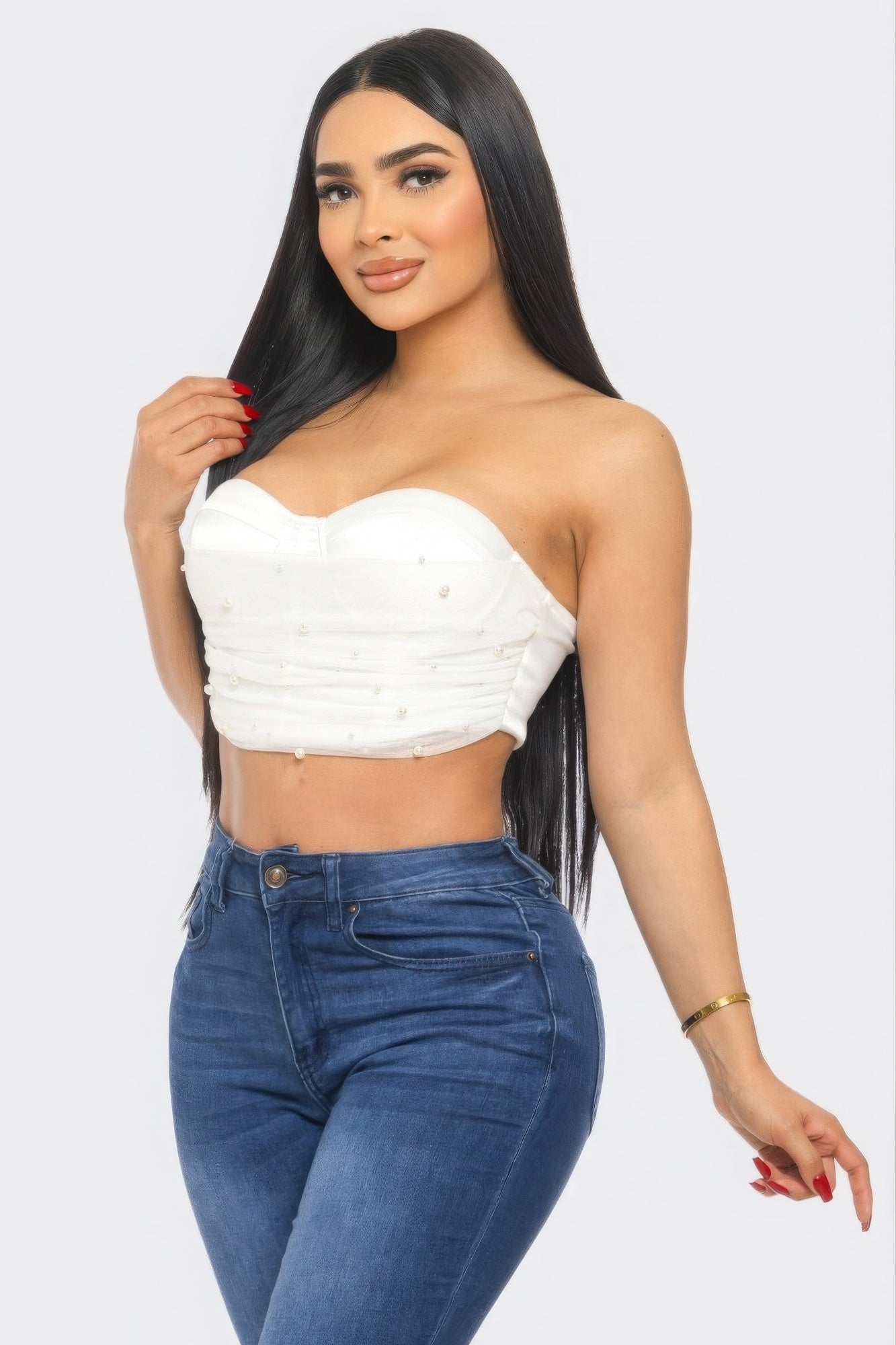 Pearl Accent Ruche Mesh Tube Top - Off White