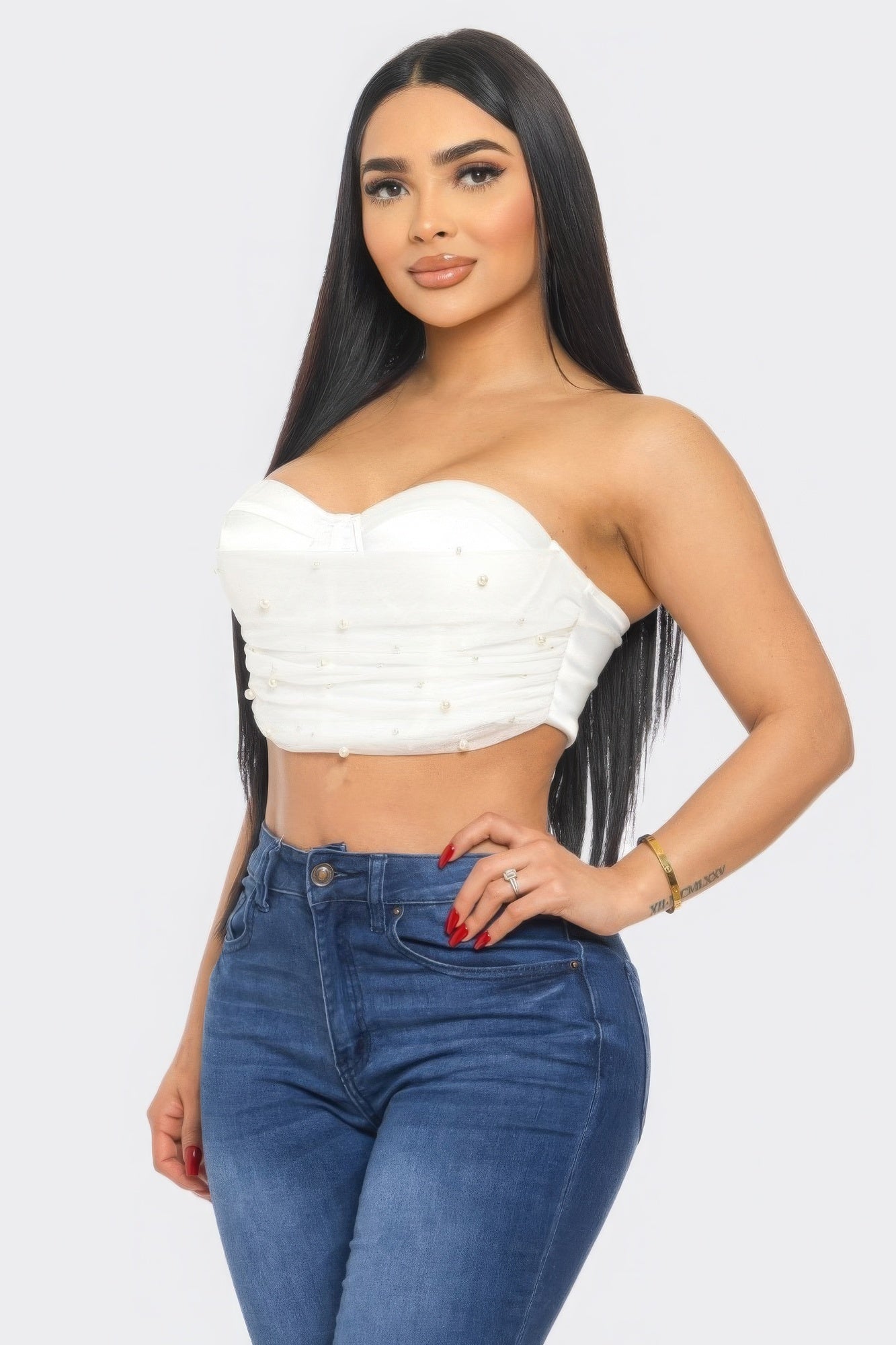 Pearl Accent Ruche Mesh Tube Top - Off White