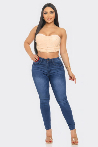 Pearl Accent Ruche Mesh Tube Top - Peach