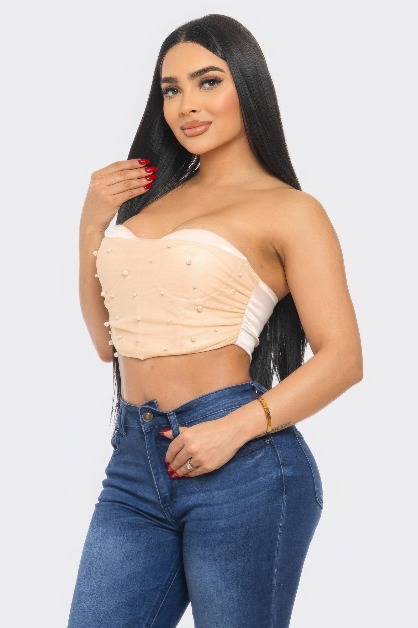 Pearl Accent Ruche Mesh Tube Top - Peach