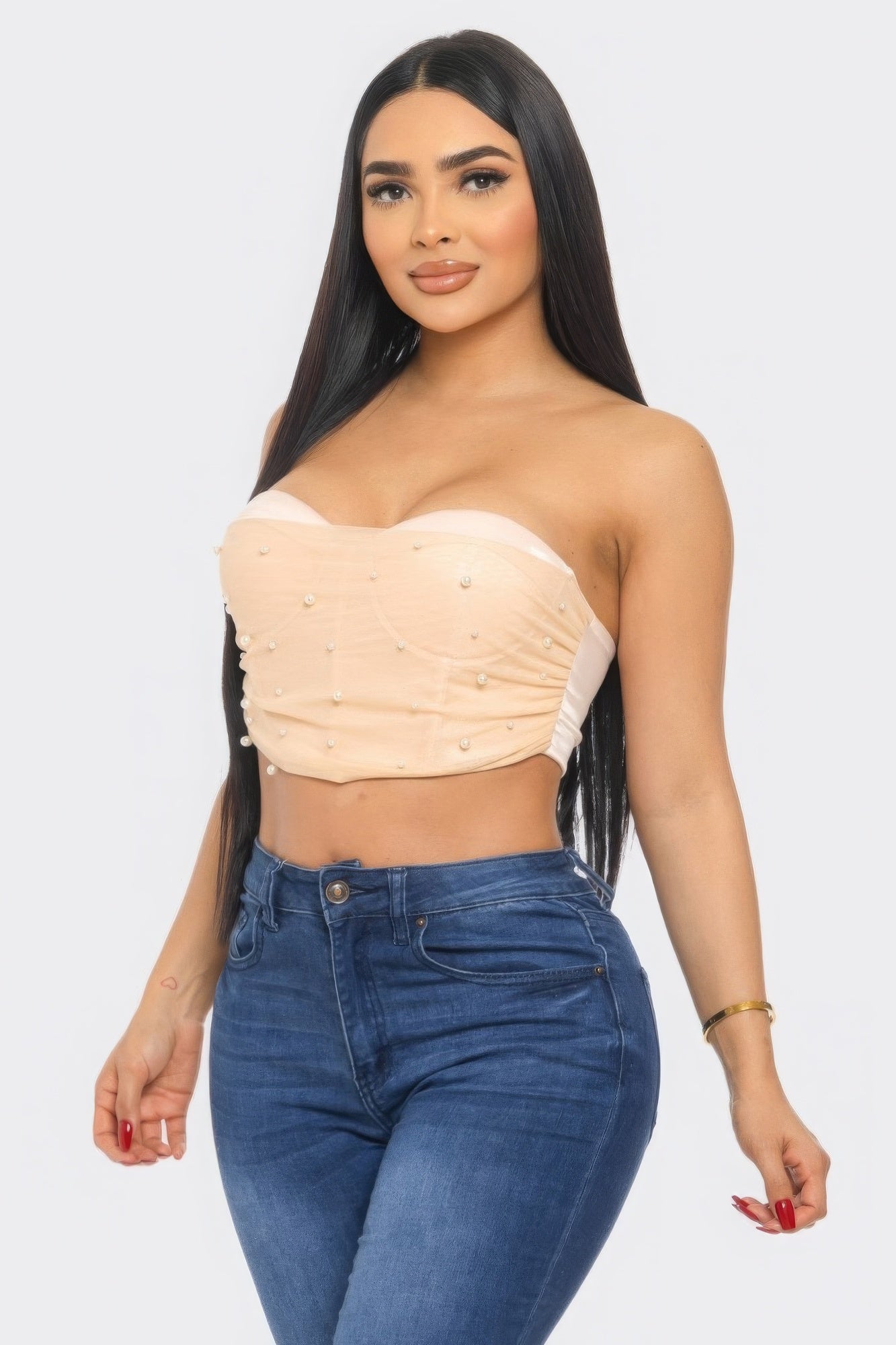 Pearl Accent Ruche Mesh Tube Top - Peach