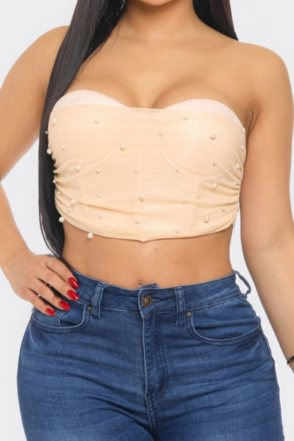 Pearl Accent Ruche Mesh Tube Top - Peach