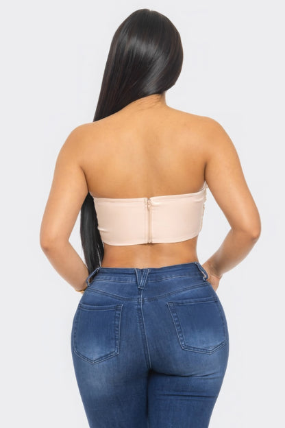 Pearl Accent Ruche Mesh Tube Top - Peach