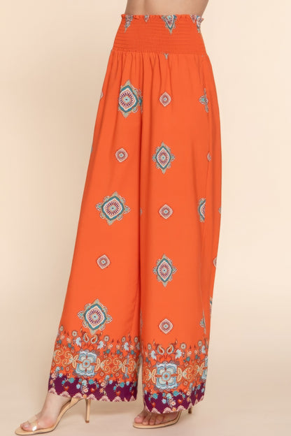 Wide Leg Border Print Woven Pants - Orange