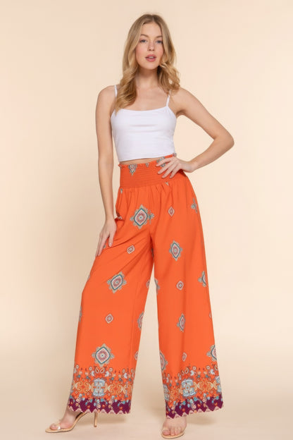 Wide Leg Border Print Woven Pants - Orange