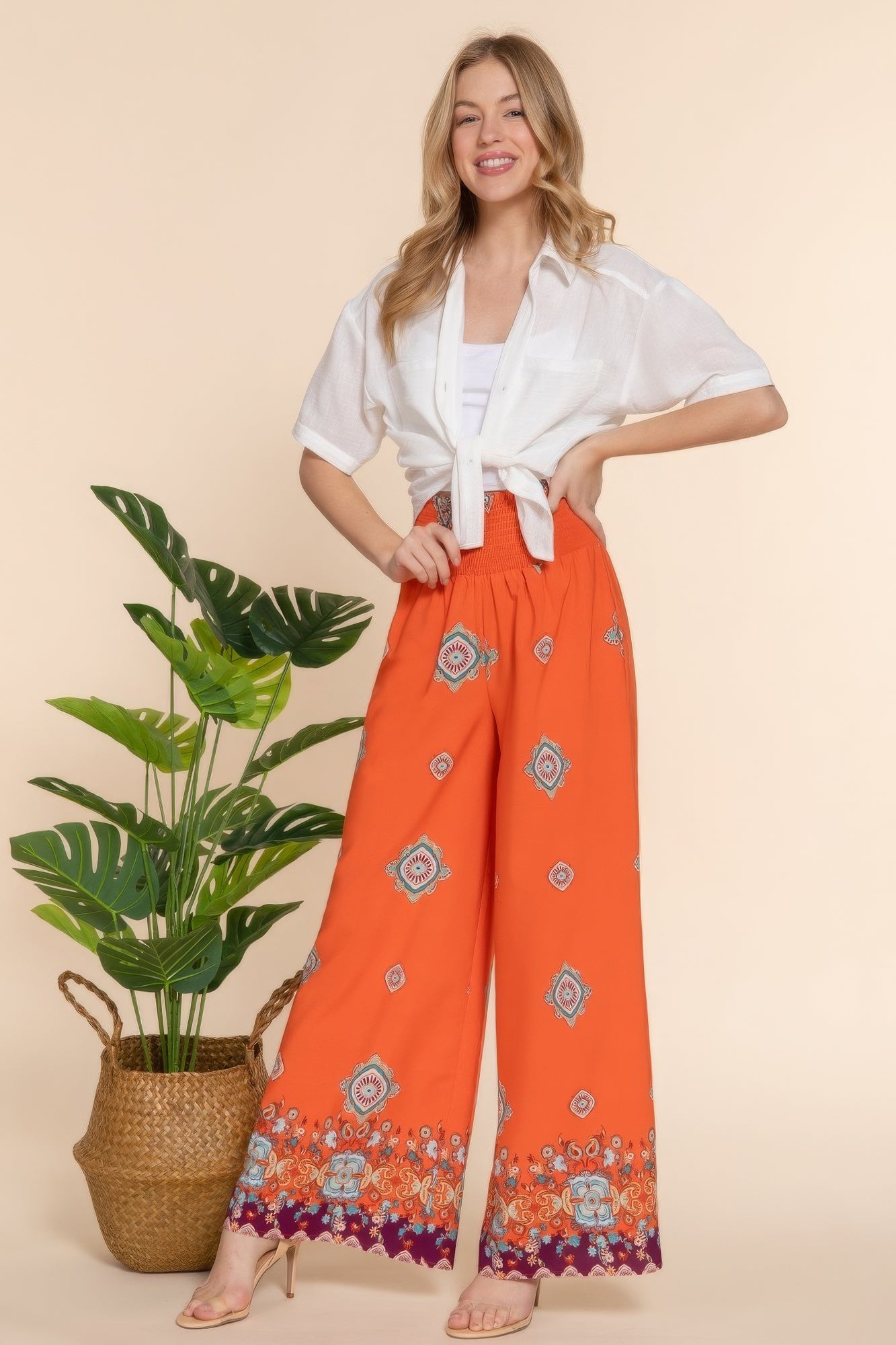 Wide Leg Border Print Woven Pants - Orange