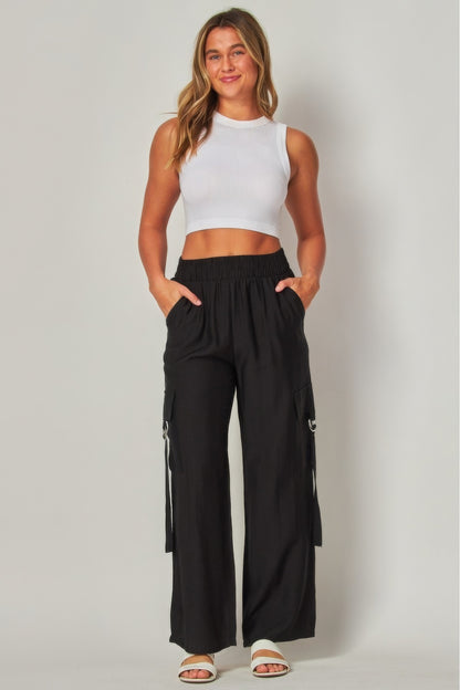 Linen Effect Wide Leg Cargo Pants