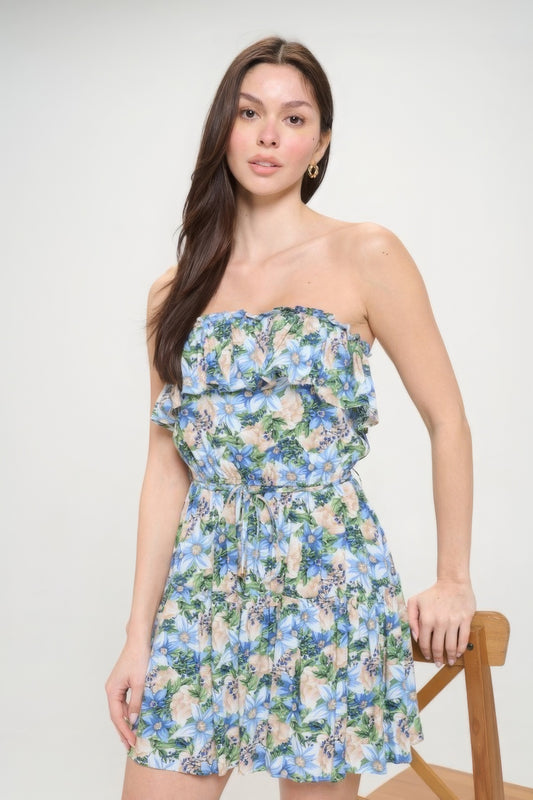 Berry Flower Ruffle Tube Top Mini Dress - Blue Multi