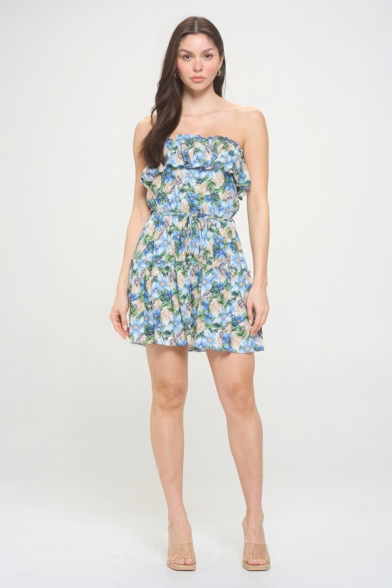 Berry Flower Ruffle Tube Top Mini Dress - Blue Multi