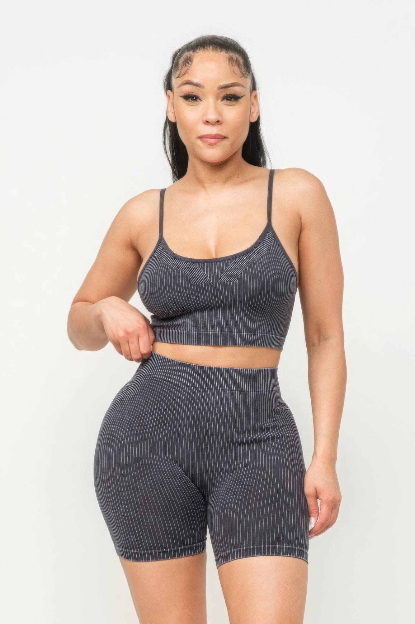 Washed Seamless Basic Tank Top And Shorts Set - Charcoal