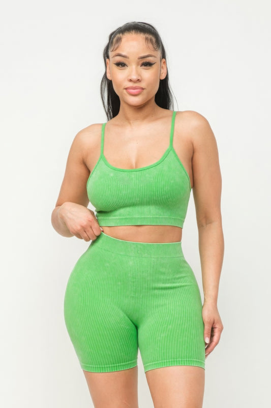 Washed Seamless Basic Tank Top And Shorts Set - Lime Green