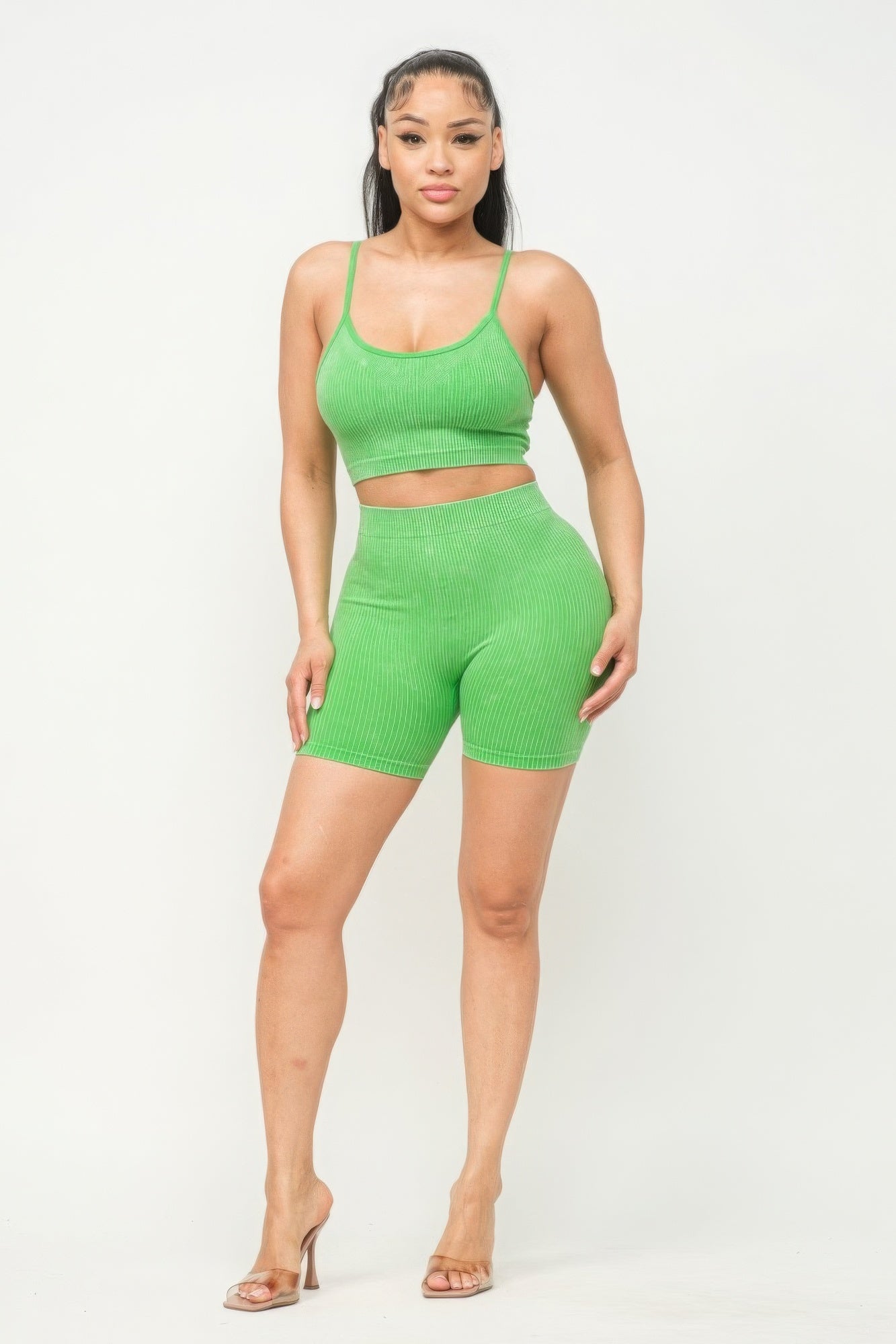 Washed Seamless Basic Tank Top And Shorts Set - Lime Green